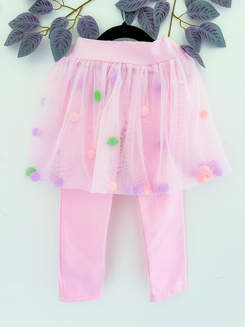 Rozā legingi ar tilla svārciņu un krāsainām bumbiņām